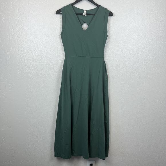 Pact Midi Dress Womens Small Green Fit Flare Organic Cotton Sustainable Minimal - Picture 1 of 11